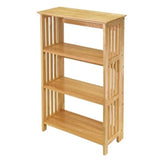 A wooden bookcase featuring three shelves, showcasing a natural finish and simple design.